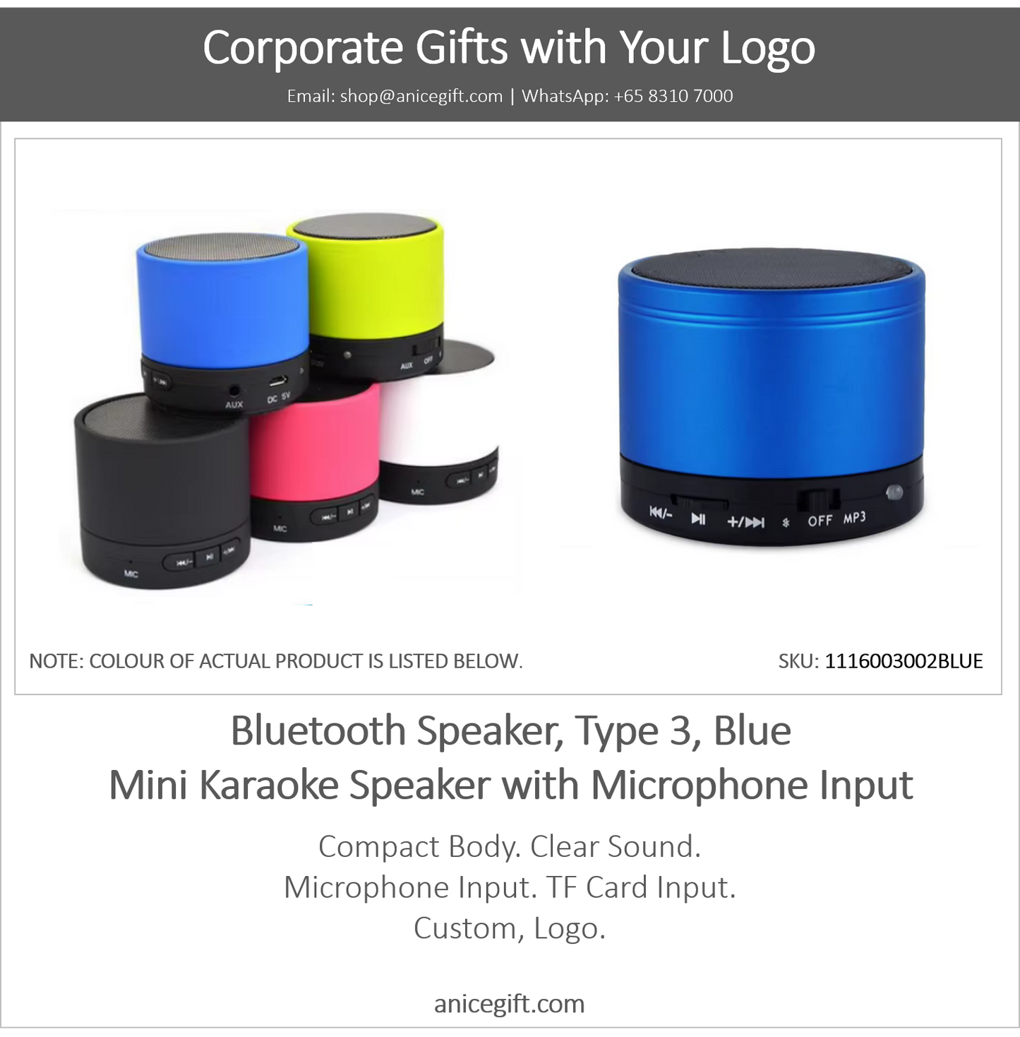 Bluetooth Speaker, Type 3, Blue | Mini Karaoke Speaker with Microphone Input
