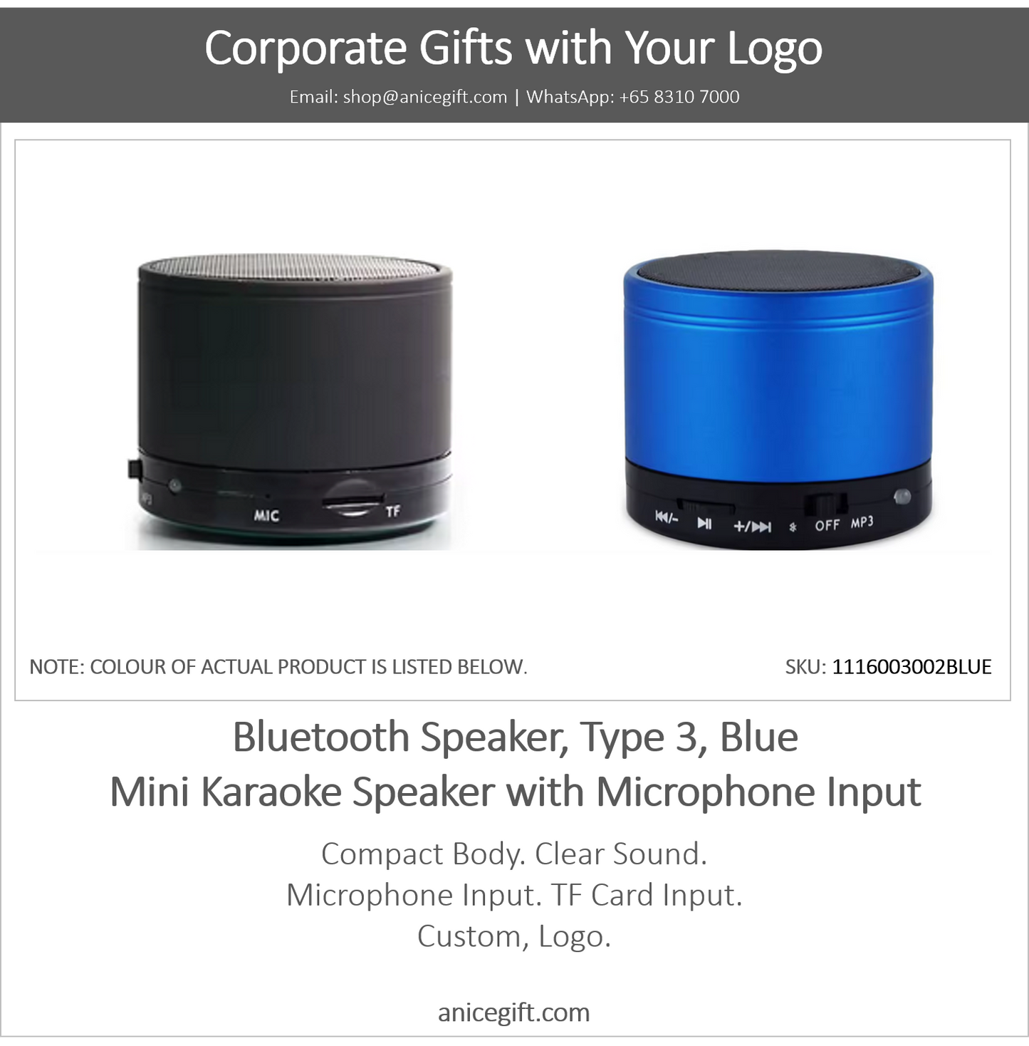 Bluetooth Speaker, Type 3, Blue | Mini Karaoke Speaker with Microphone Input