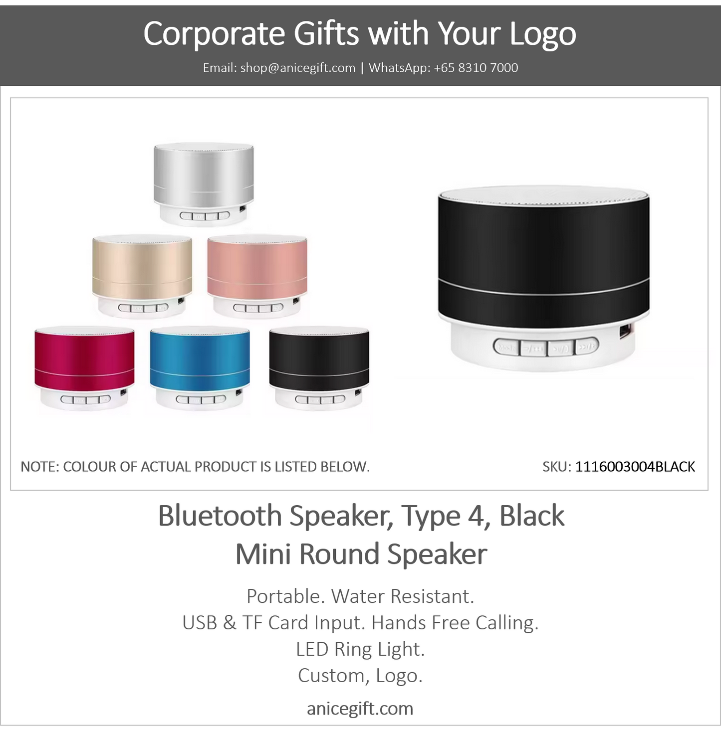 Bluetooth Speaker, Type 4, Black | Mini Round Speaker