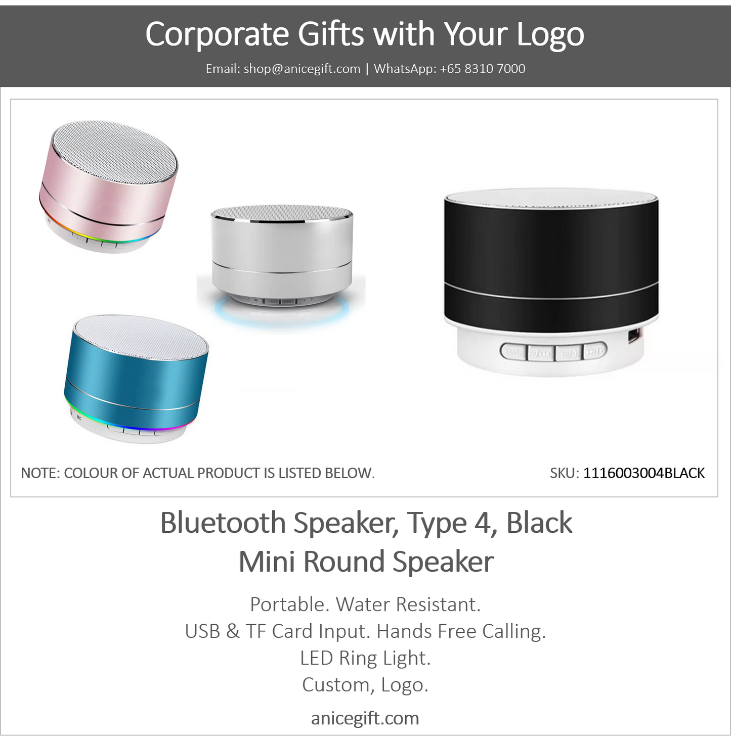 Bluetooth Speaker, Type 4, Black | Mini Round Speaker