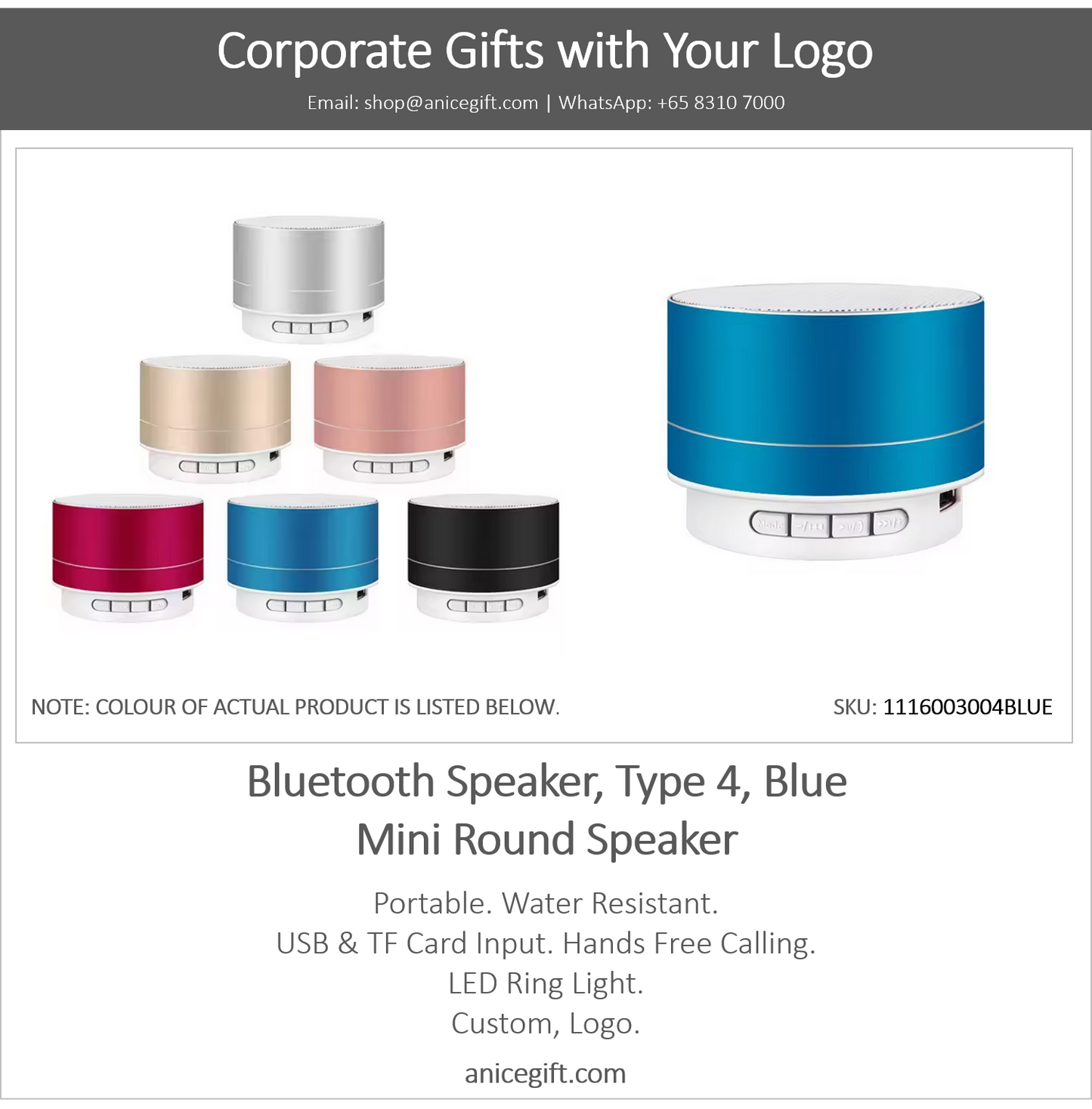 Bluetooth Speaker, Type 4, Blue | Mini Round Speaker