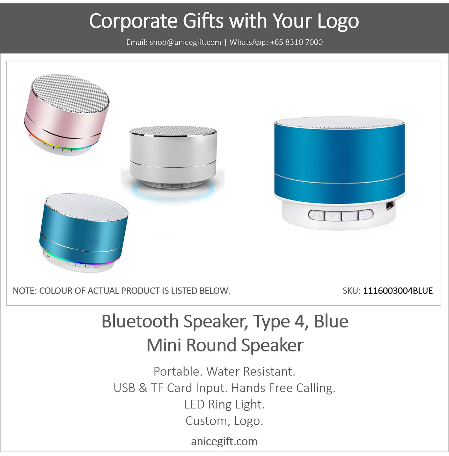 Bluetooth Speaker, Type 4, Blue | Mini Round Speaker