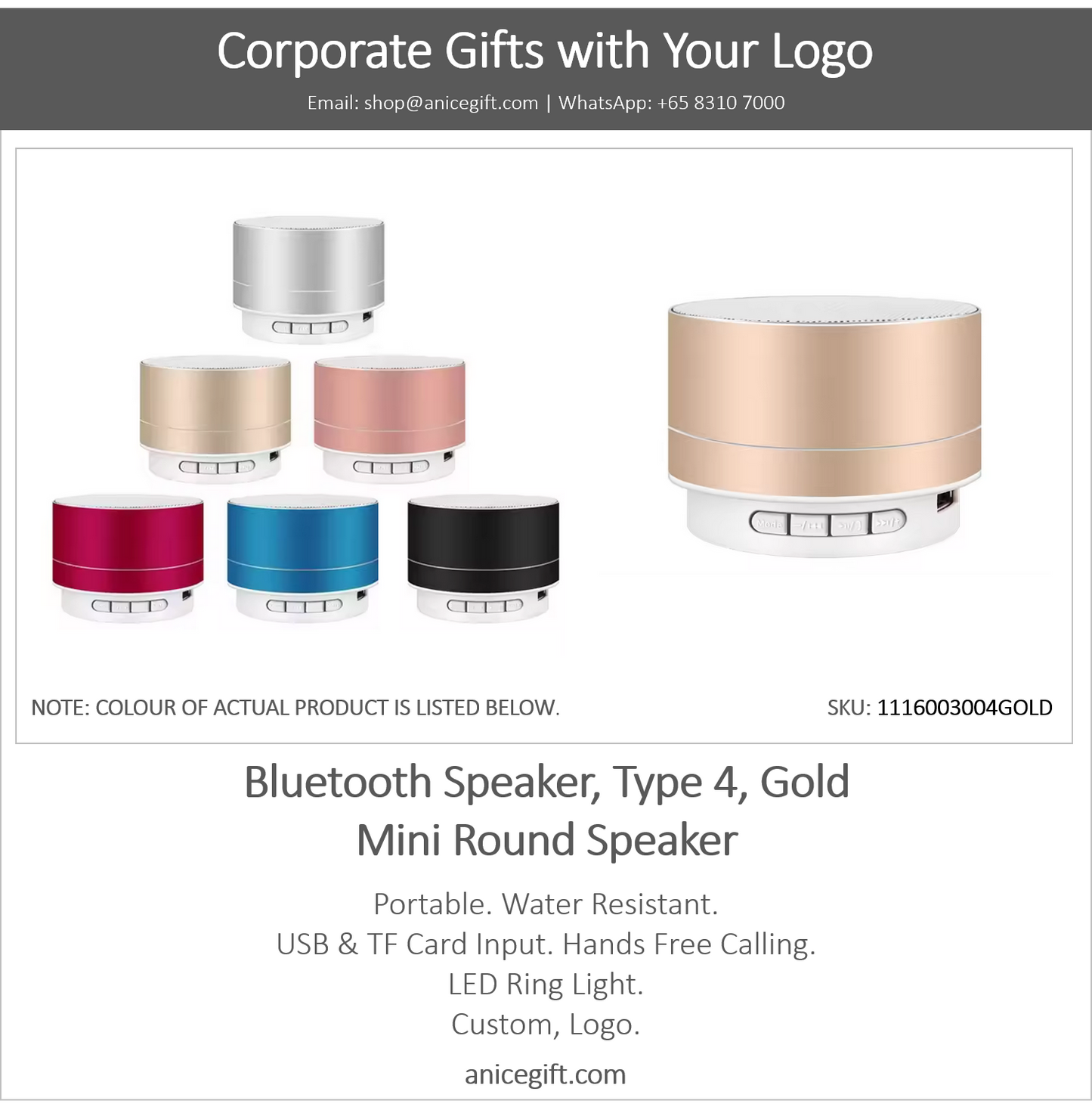 Bluetooth Speaker, Type 4, Gold | Mini Round Speaker