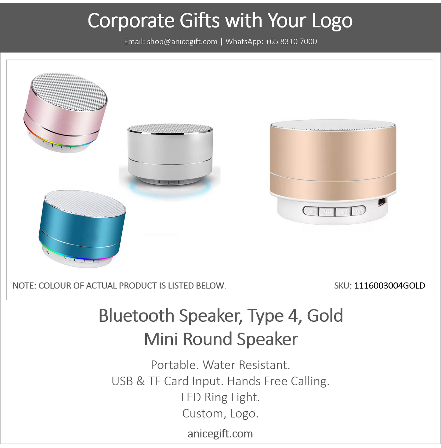 Bluetooth Speaker, Type 4, Gold | Mini Round Speaker