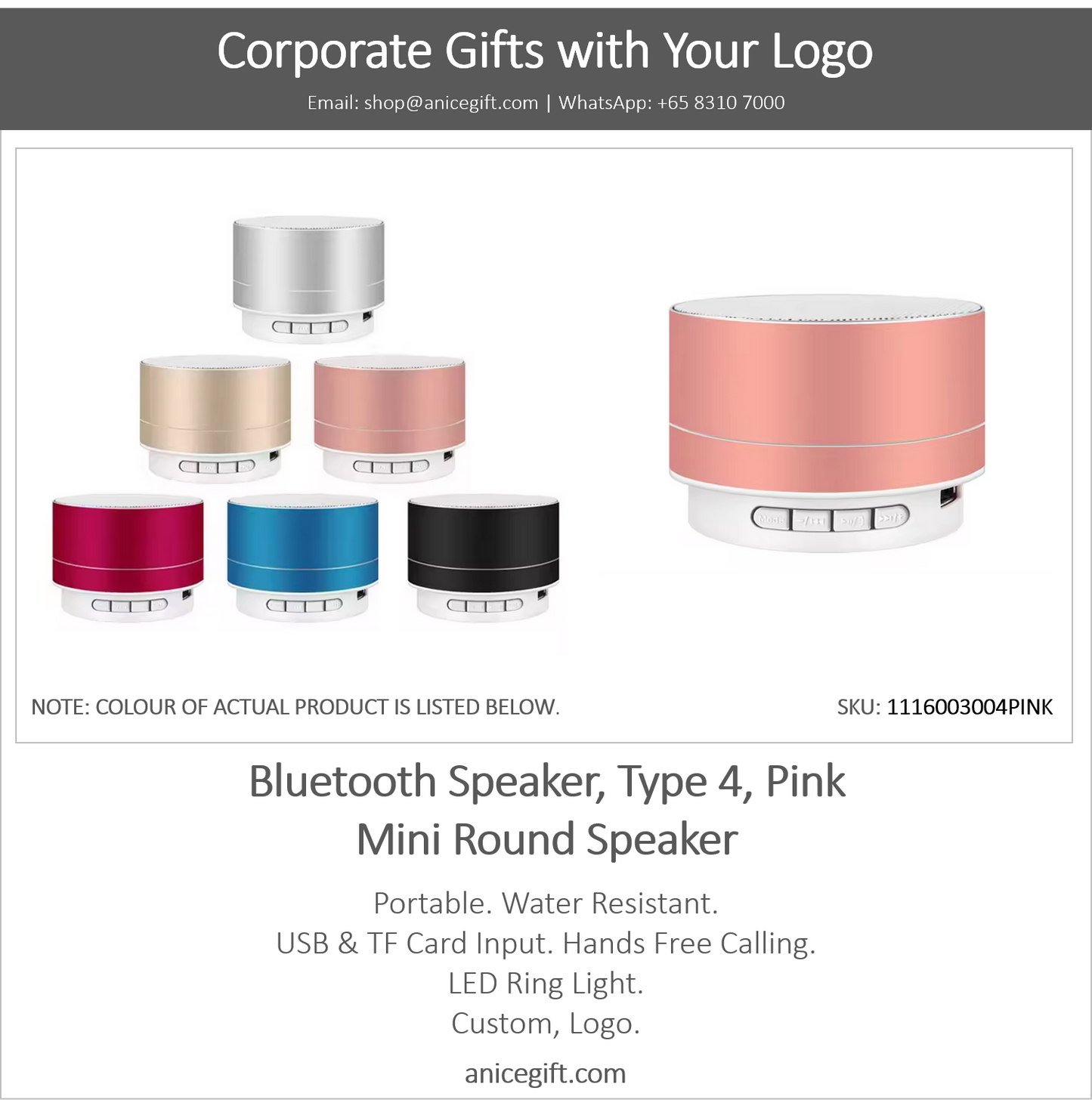 Bluetooth Speaker, Type 4, Pink | Mini Round Speaker
