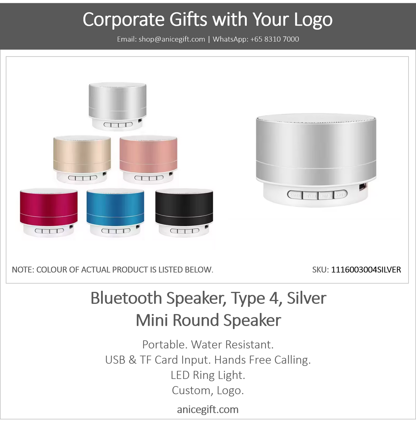 Bluetooth Speaker, Type 4, Silver | Mini Round Speaker