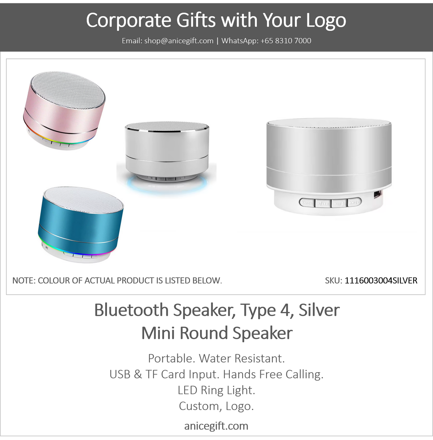 Bluetooth Speaker, Type 4, Silver | Mini Round Speaker