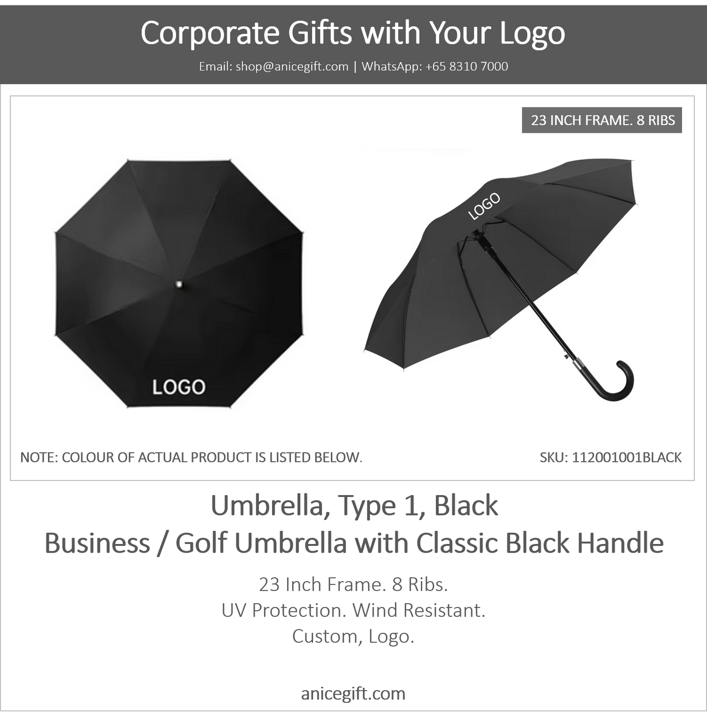 Umbrella, Type 1, Black | Business / Golf Umbrella with Classic Black Handle