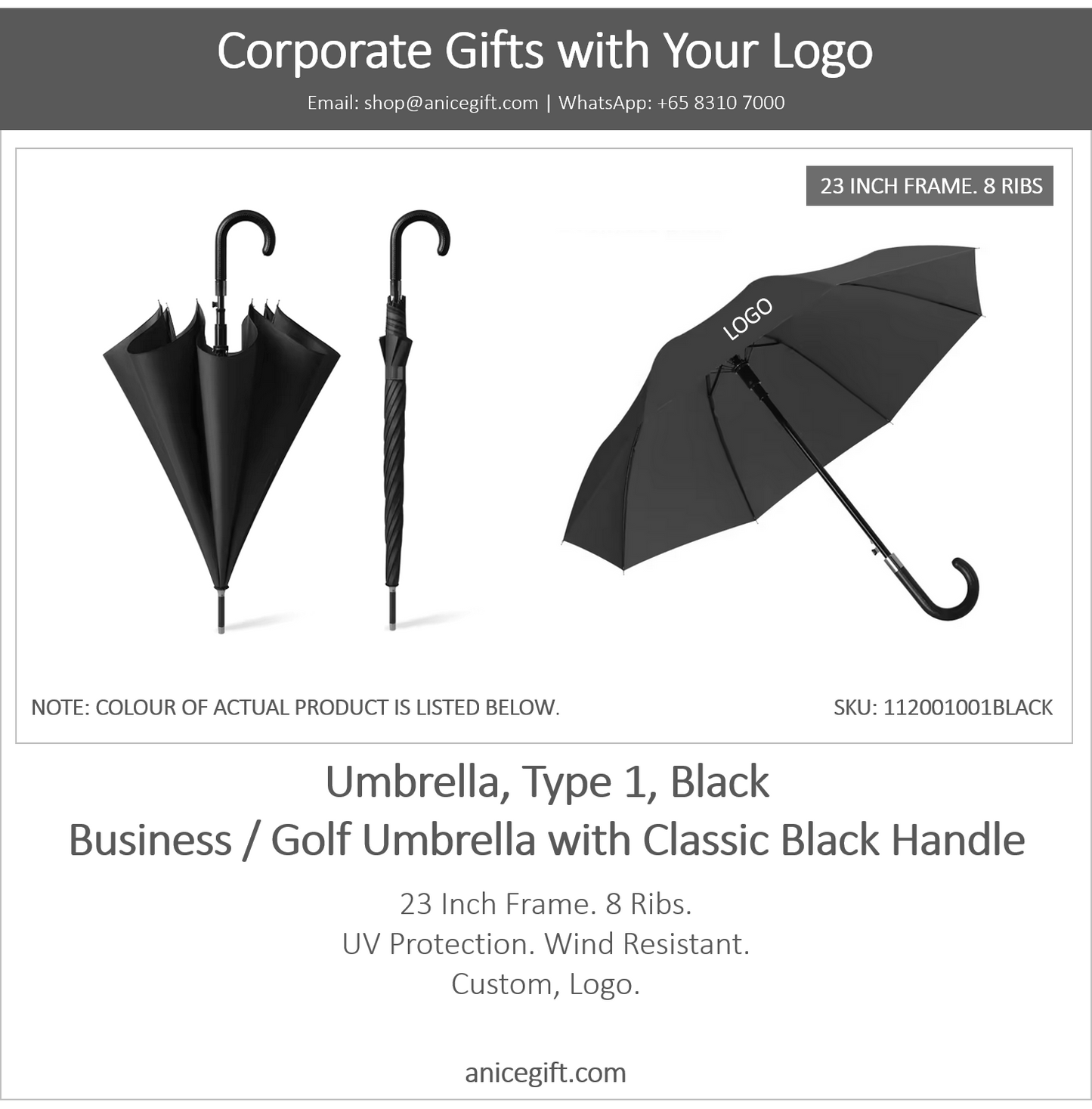 Umbrella, Type 1, Black | Business / Golf Umbrella with Classic Black Handle
