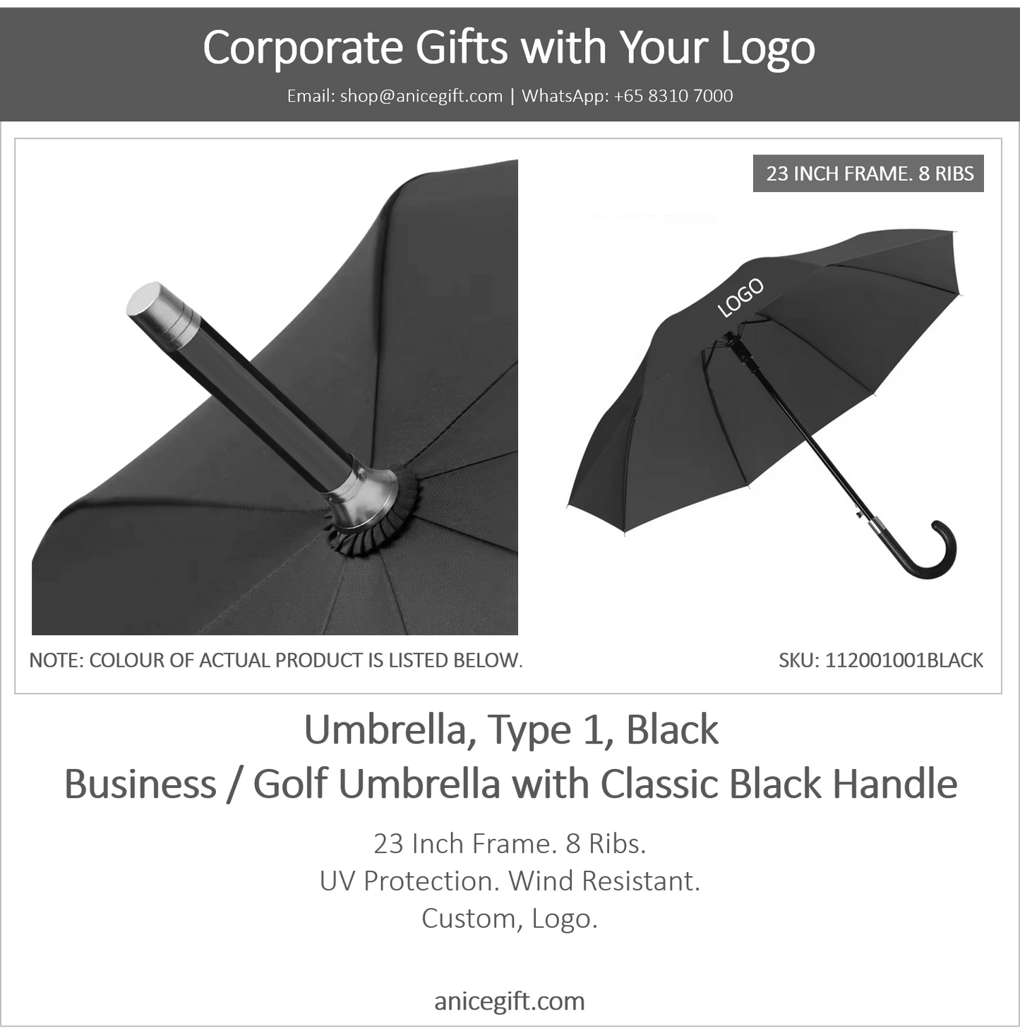 Umbrella, Type 1, Black | Business / Golf Umbrella with Classic Black Handle