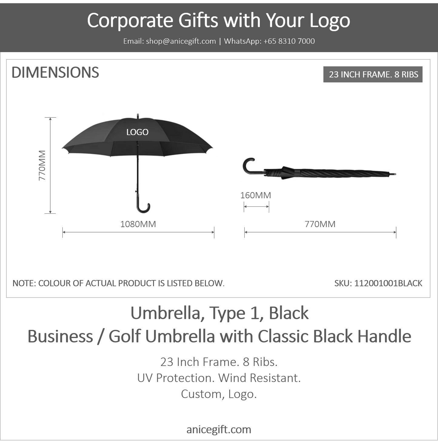Umbrella, Type 1, Black | Business / Golf Umbrella with Classic Black Handle