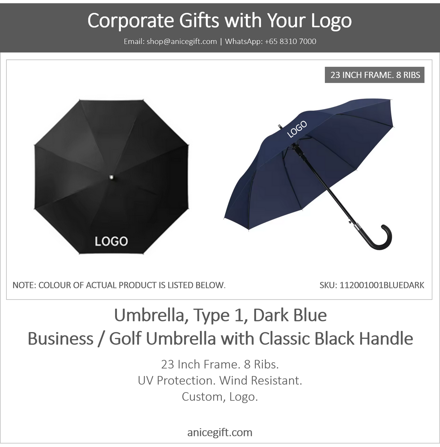 Umbrella, Type 1, Dark Blue | Business / Golf Umbrella with Classic Black Handle