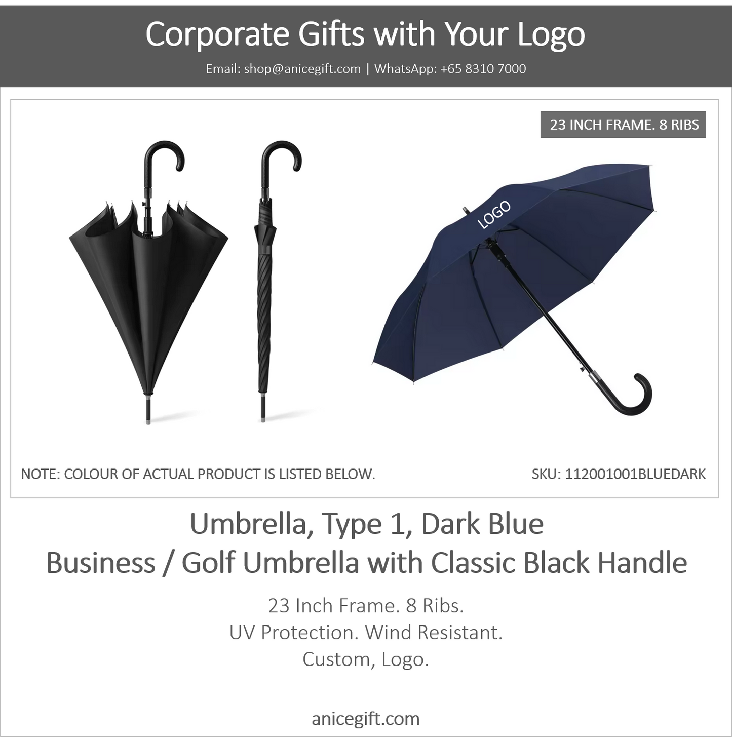 Umbrella, Type 1, Dark Blue | Business / Golf Umbrella with Classic Black Handle