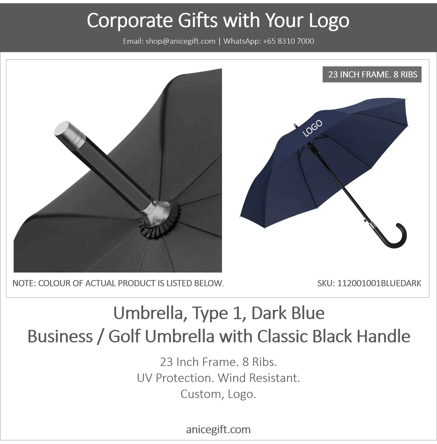 Umbrella, Type 1, Dark Blue | Business / Golf Umbrella with Classic Black Handle
