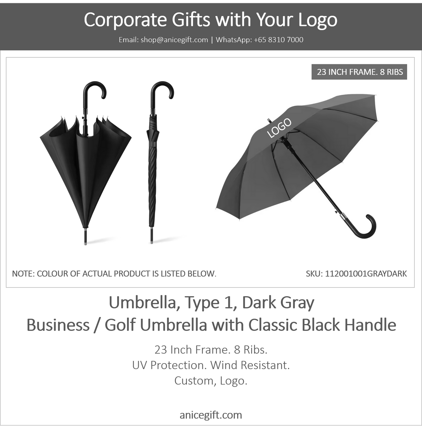 Umbrella, Type 1, Dark Gray | Business / Golf Umbrella with Classic Black Handle