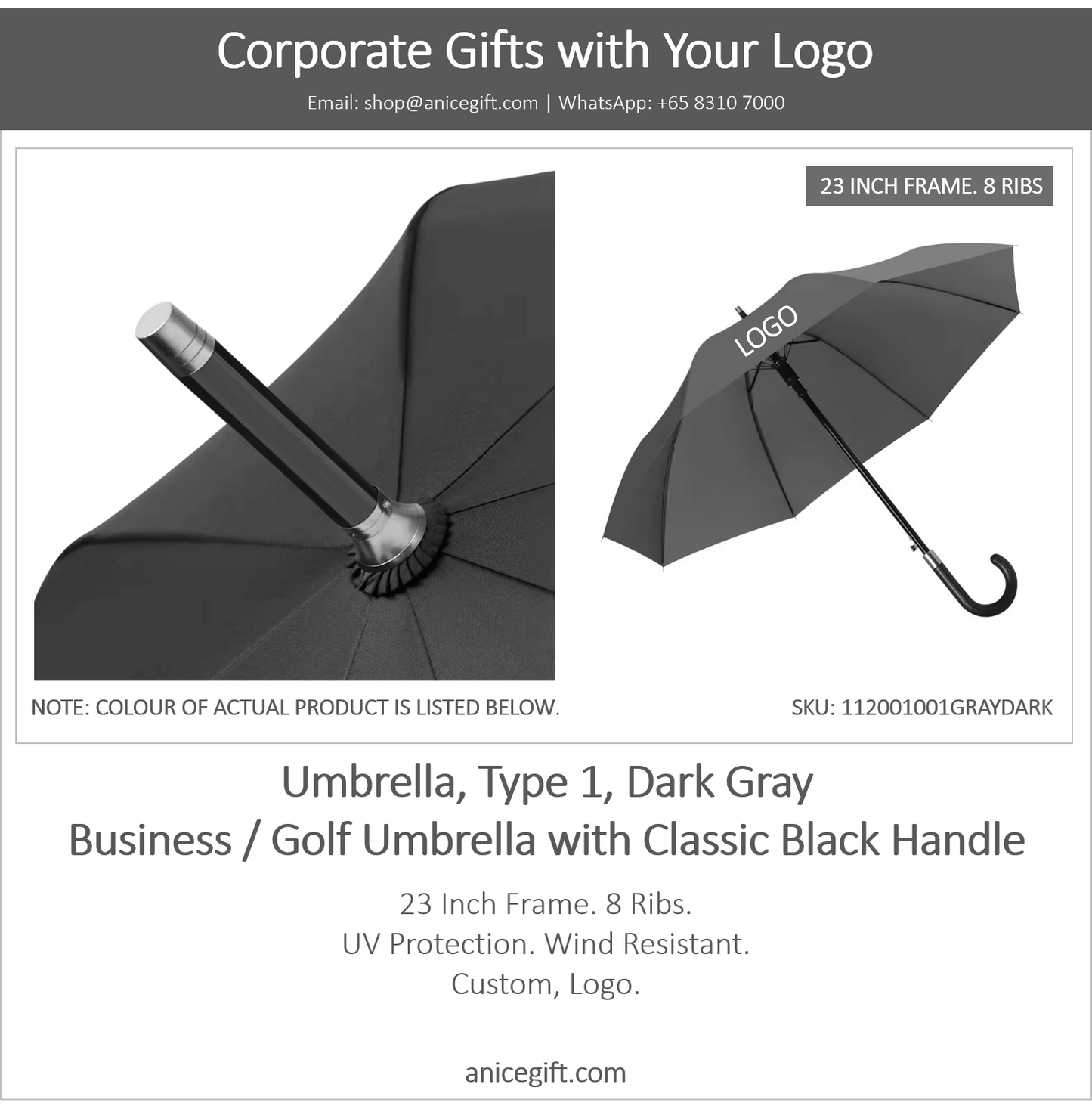 Umbrella, Type 1, Dark Gray | Business / Golf Umbrella with Classic Black Handle