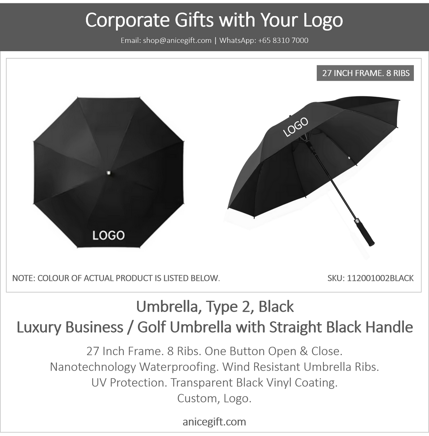 Umbrella, Type 2, Black | Luxury Business / Golf Umbrella with Straight Black Handle