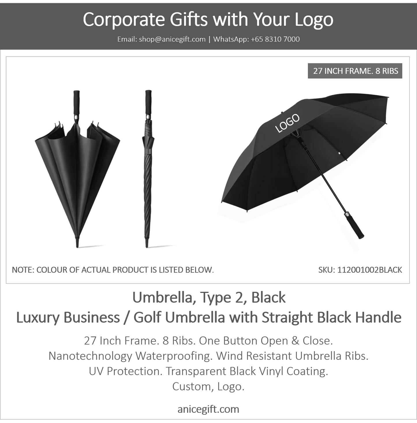 Umbrella, Type 2, Black | Luxury Business / Golf Umbrella with Straight Black Handle