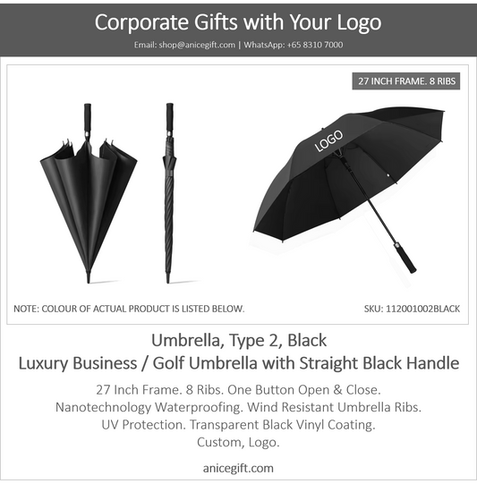 Umbrella, Type 2, Black | Luxury Business / Golf Umbrella with Straight Black Handle