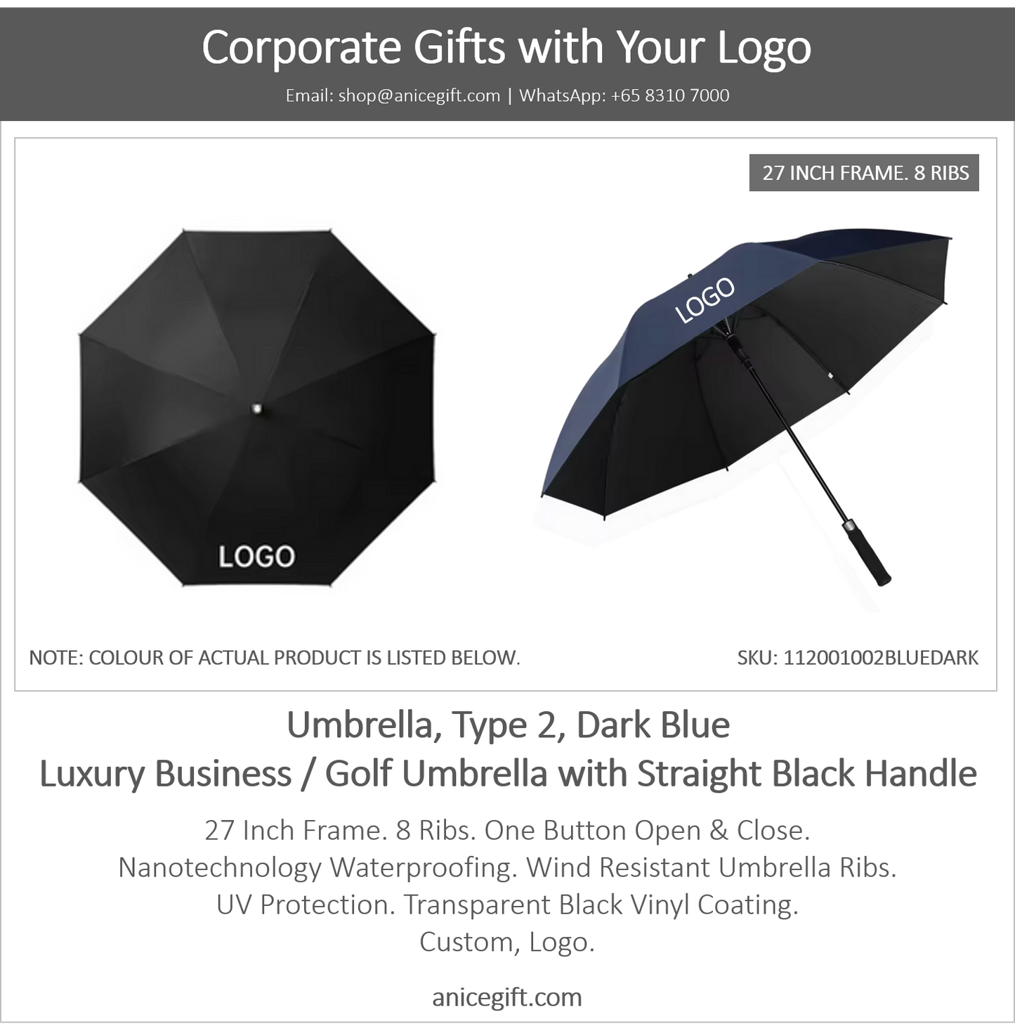 Umbrella, Type 2, Dark Blue | Luxury Business / Golf Umbrella with Straight Black Handle