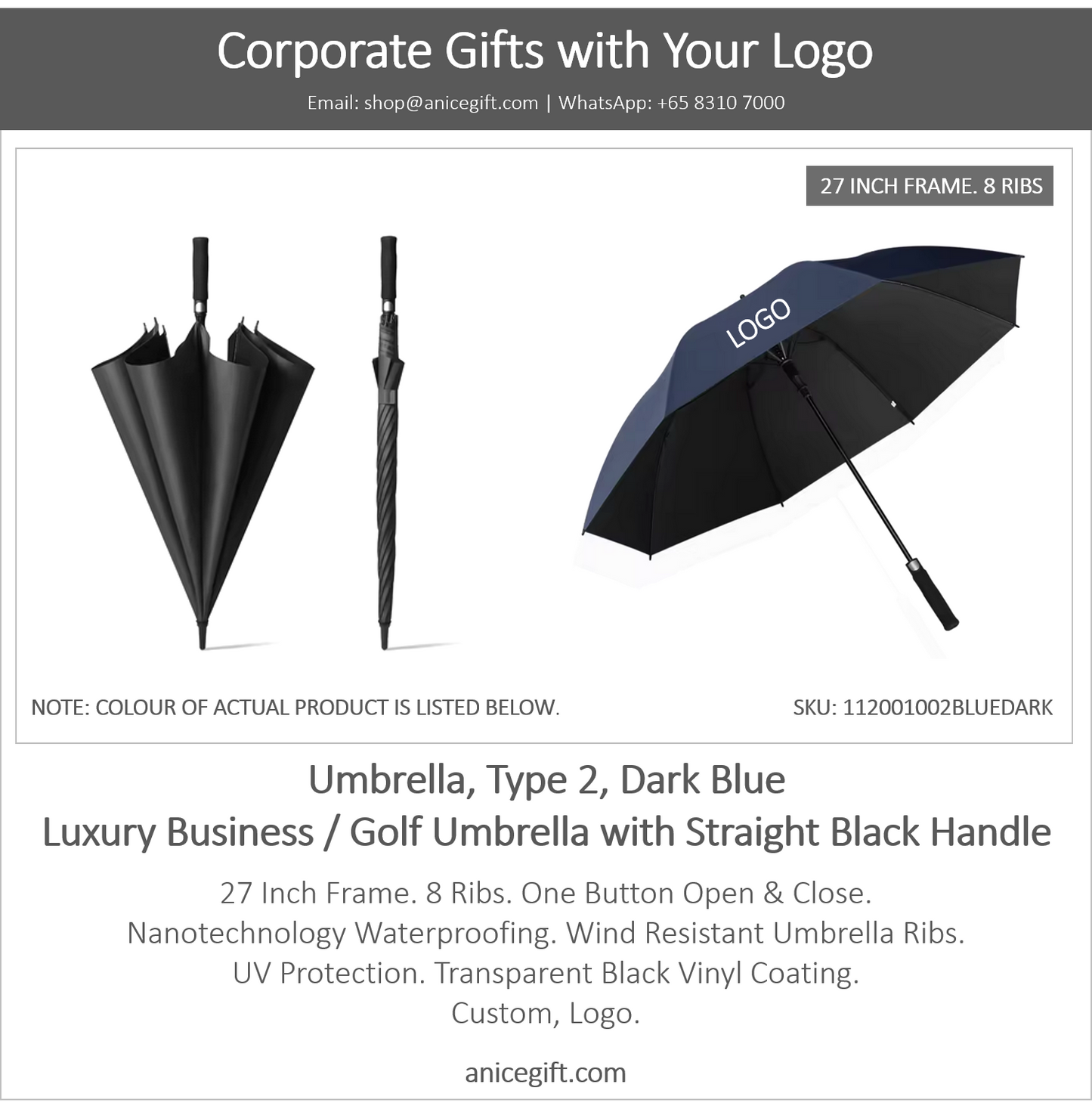 Umbrella, Type 2, Dark Blue | Luxury Business / Golf Umbrella with Straight Black Handle