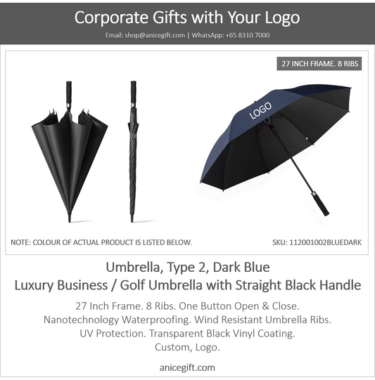 Umbrella, Type 2, Dark Blue | Luxury Business / Golf Umbrella with Straight Black Handle