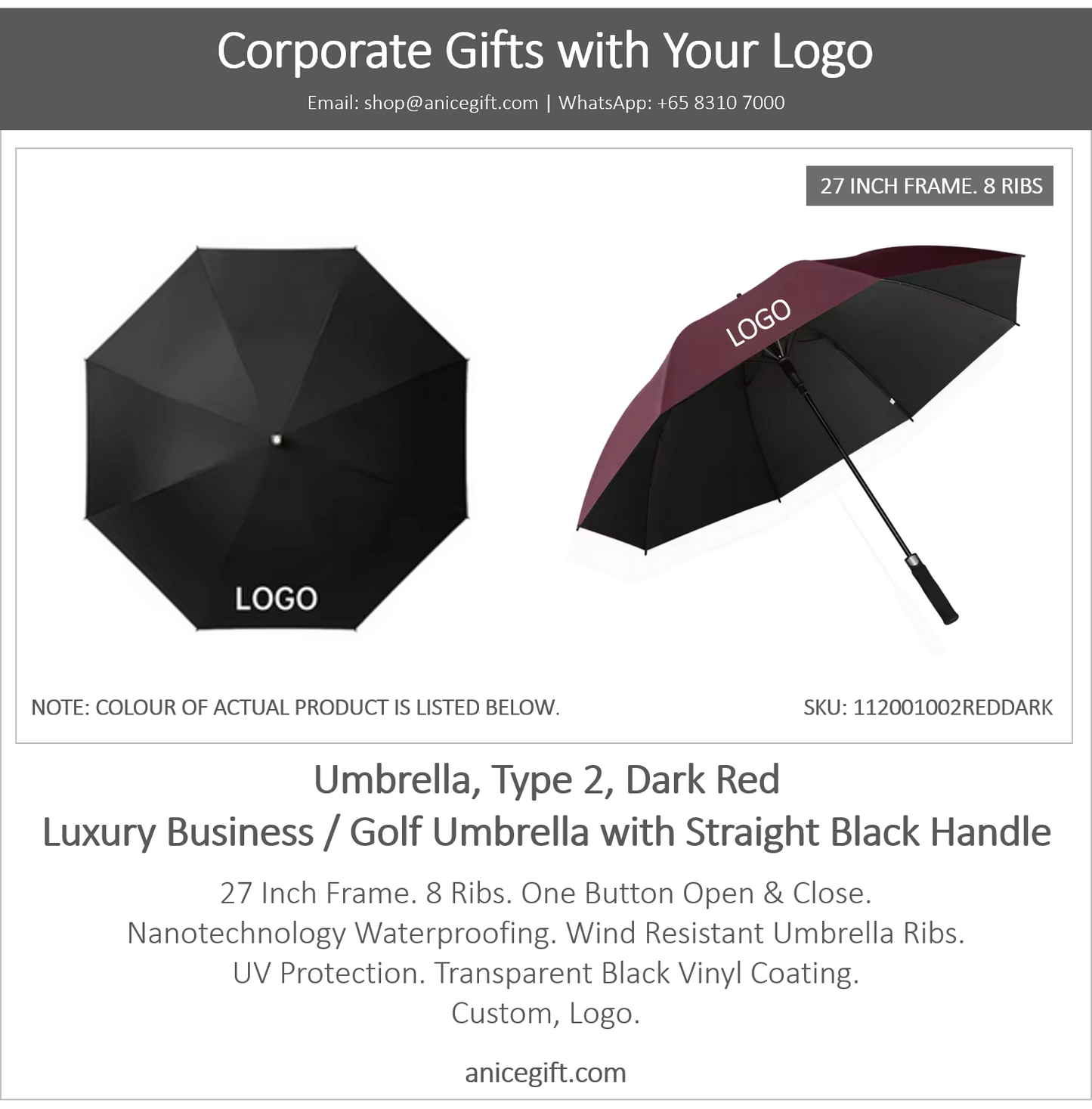 Umbrella, Type 2, Dark Red | Luxury Business / Golf Umbrella with Straight Black Handle