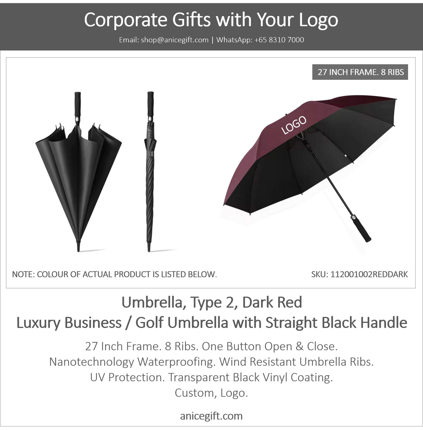 Umbrella, Type 2, Dark Red | Luxury Business / Golf Umbrella with Straight Black Handle