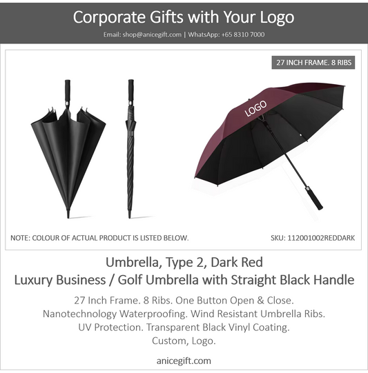 Umbrella, Type 2, Dark Red | Luxury Business / Golf Umbrella with Straight Black Handle