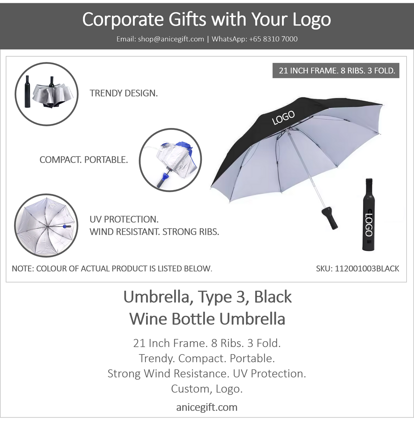 Umbrella, Type 3, Black | Wine Bottle Umbrella