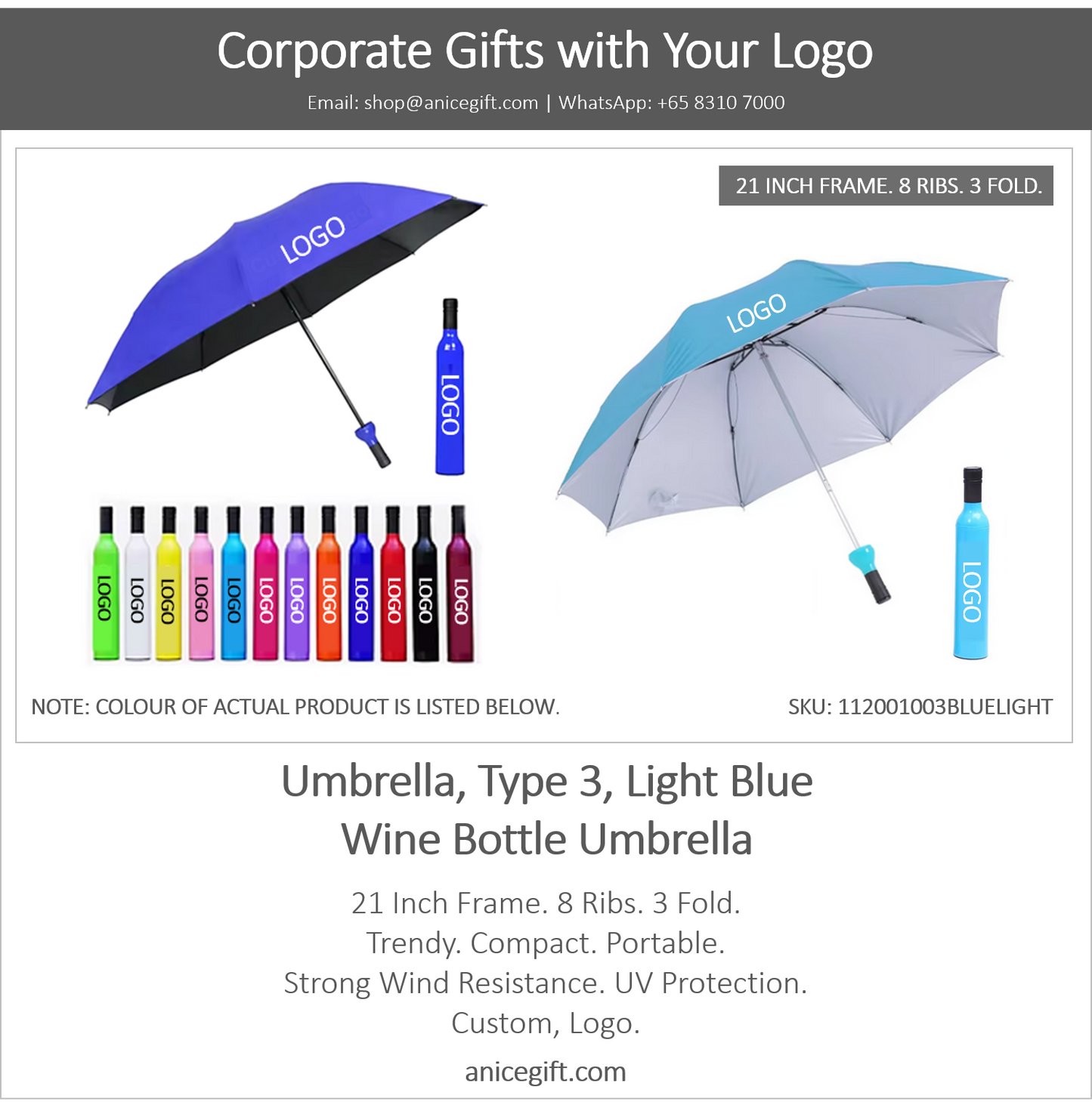 Umbrella, Type 3, Light Blue | Wine Bottle Umbrella