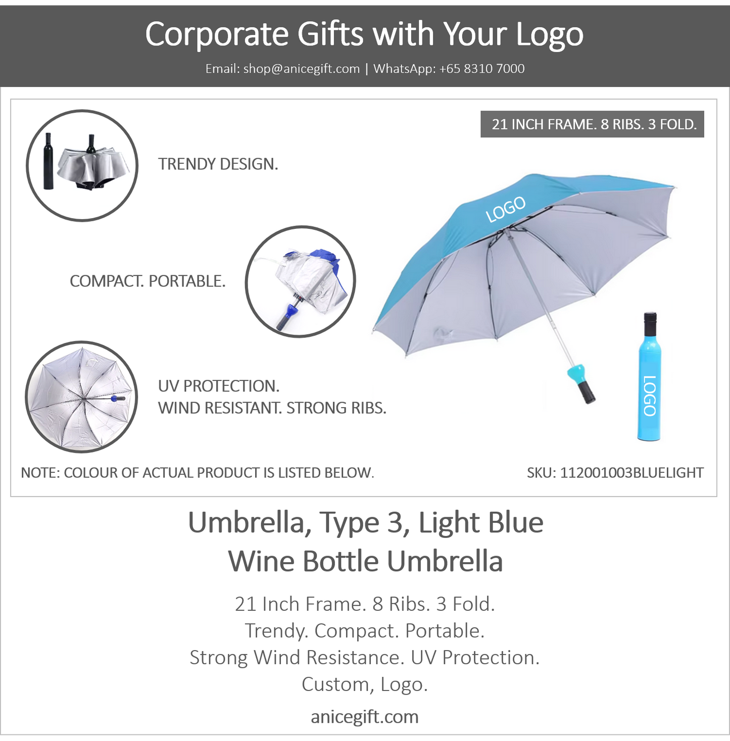 Umbrella, Type 3, Light Blue | Wine Bottle Umbrella
