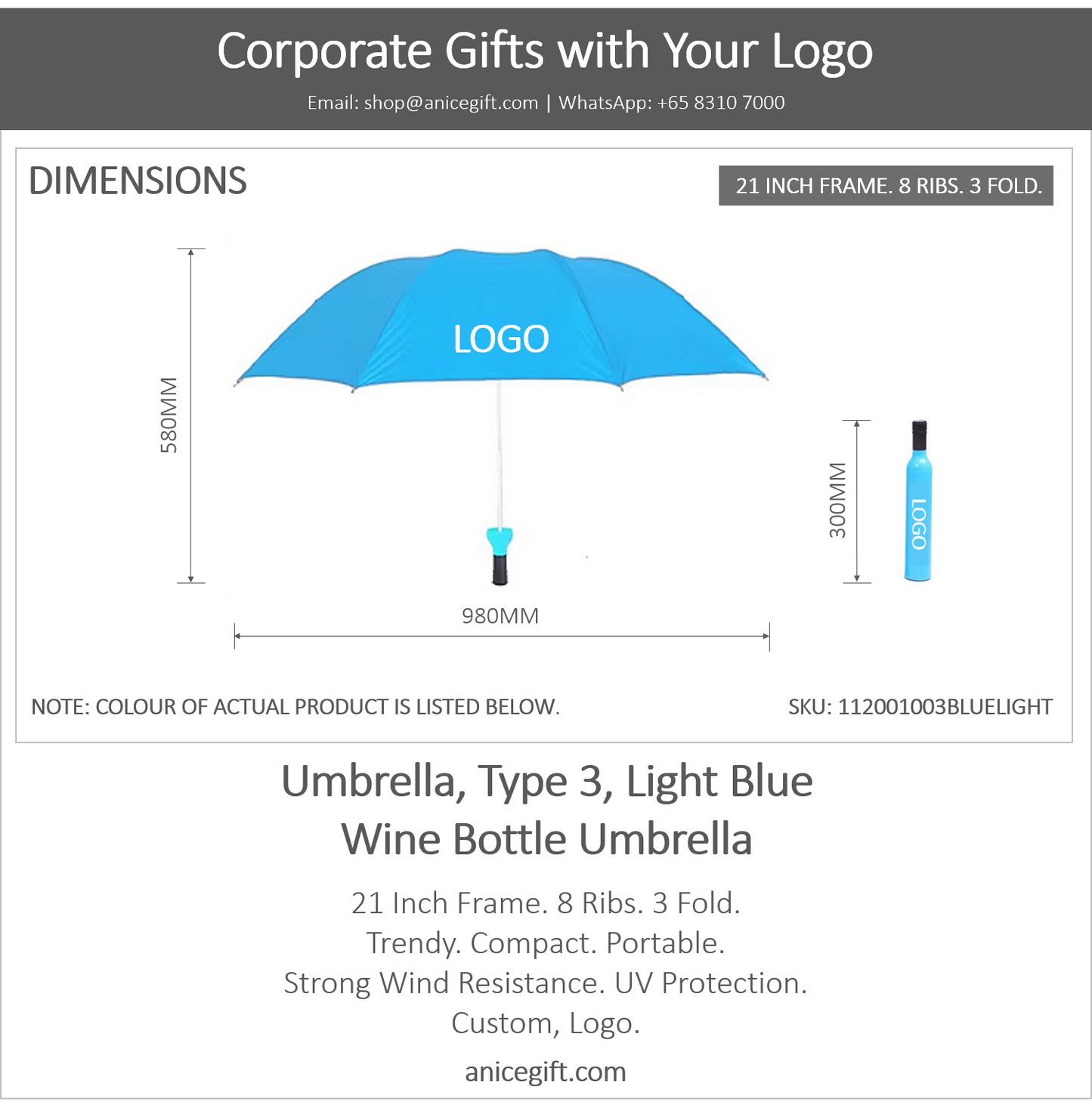 Umbrella, Type 3, Light Blue | Wine Bottle Umbrella