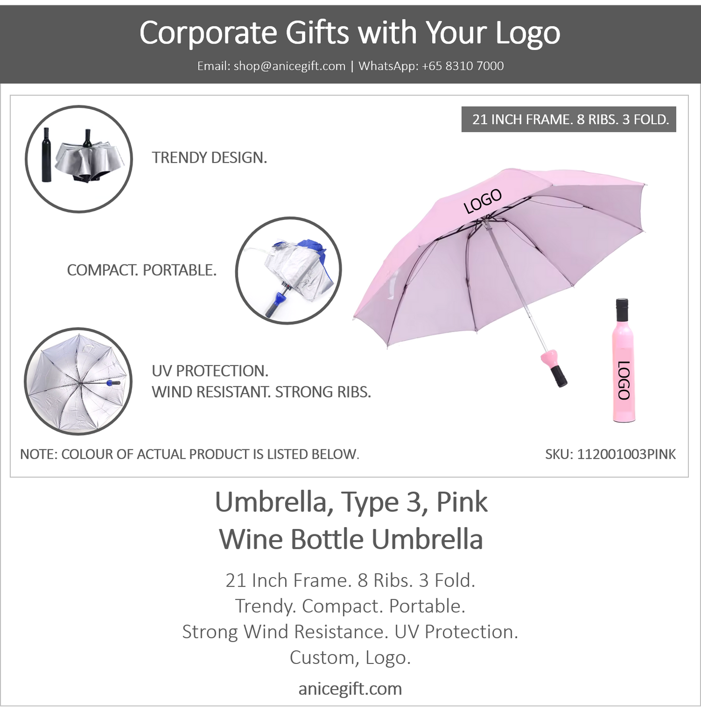 Umbrella, Type 3, Pink | Wine Bottle Umbrella