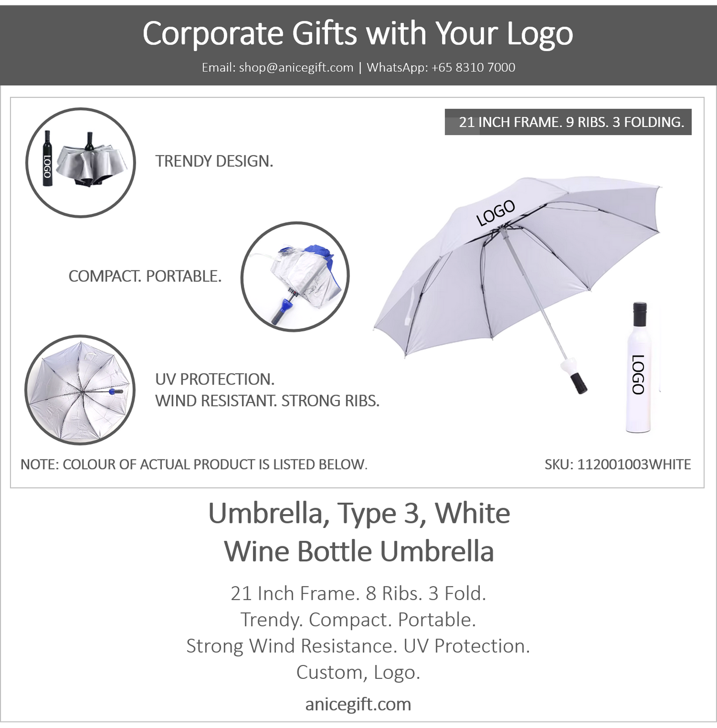 Umbrella, Type 3, White | Wine Bottle Umbrella