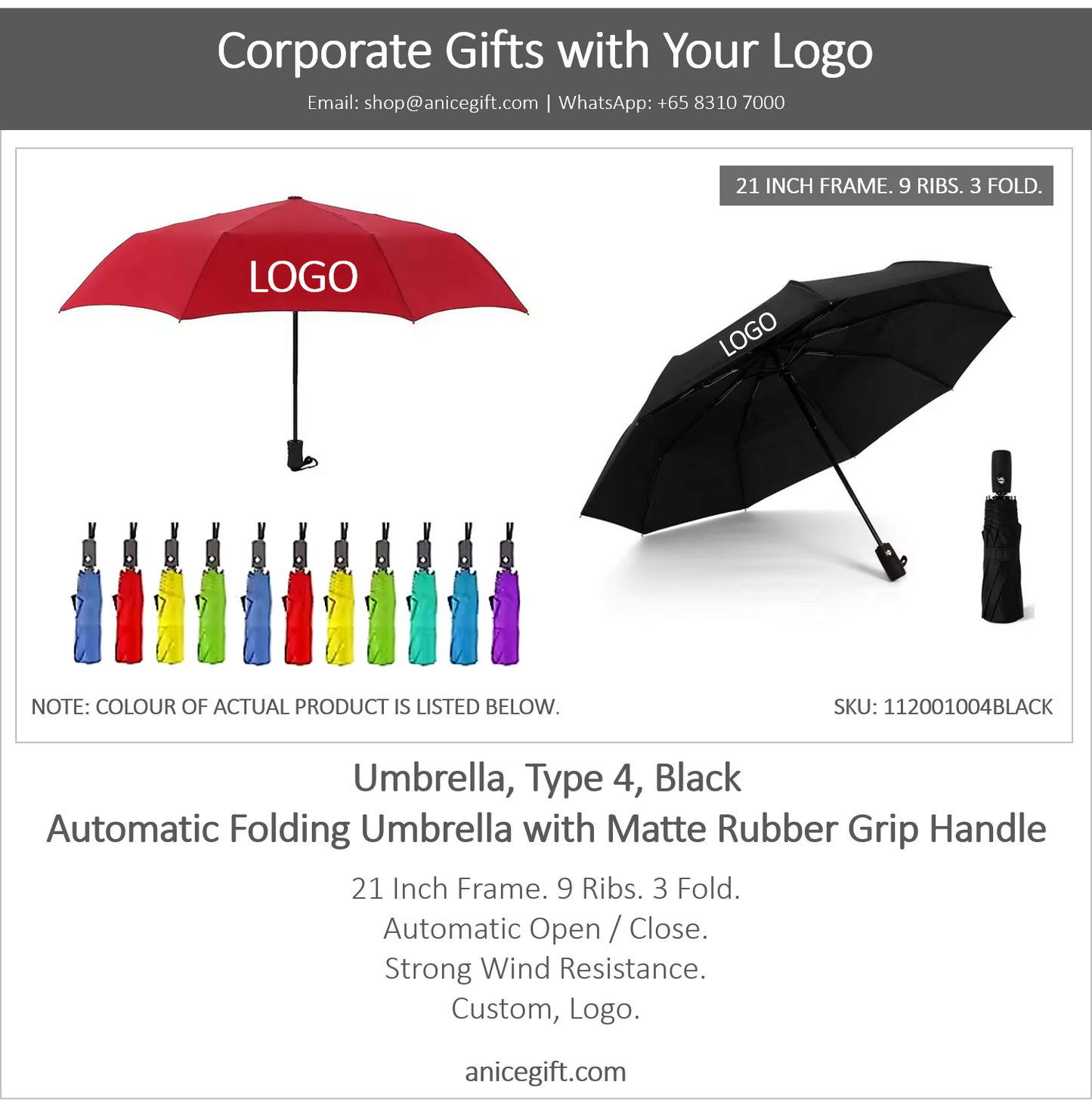 Umbrella, Type 4, Black | Automatic Folding Umbrella with Matte Rubber Grip