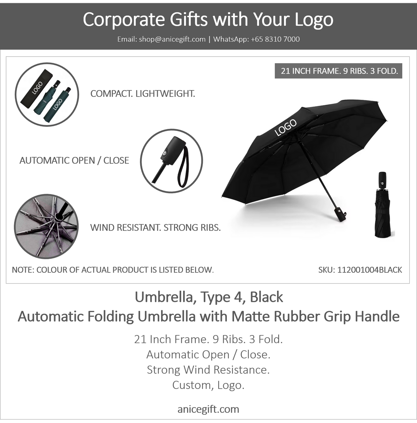 Umbrella, Type 4, Black | Automatic Folding Umbrella with Matte Rubber Grip