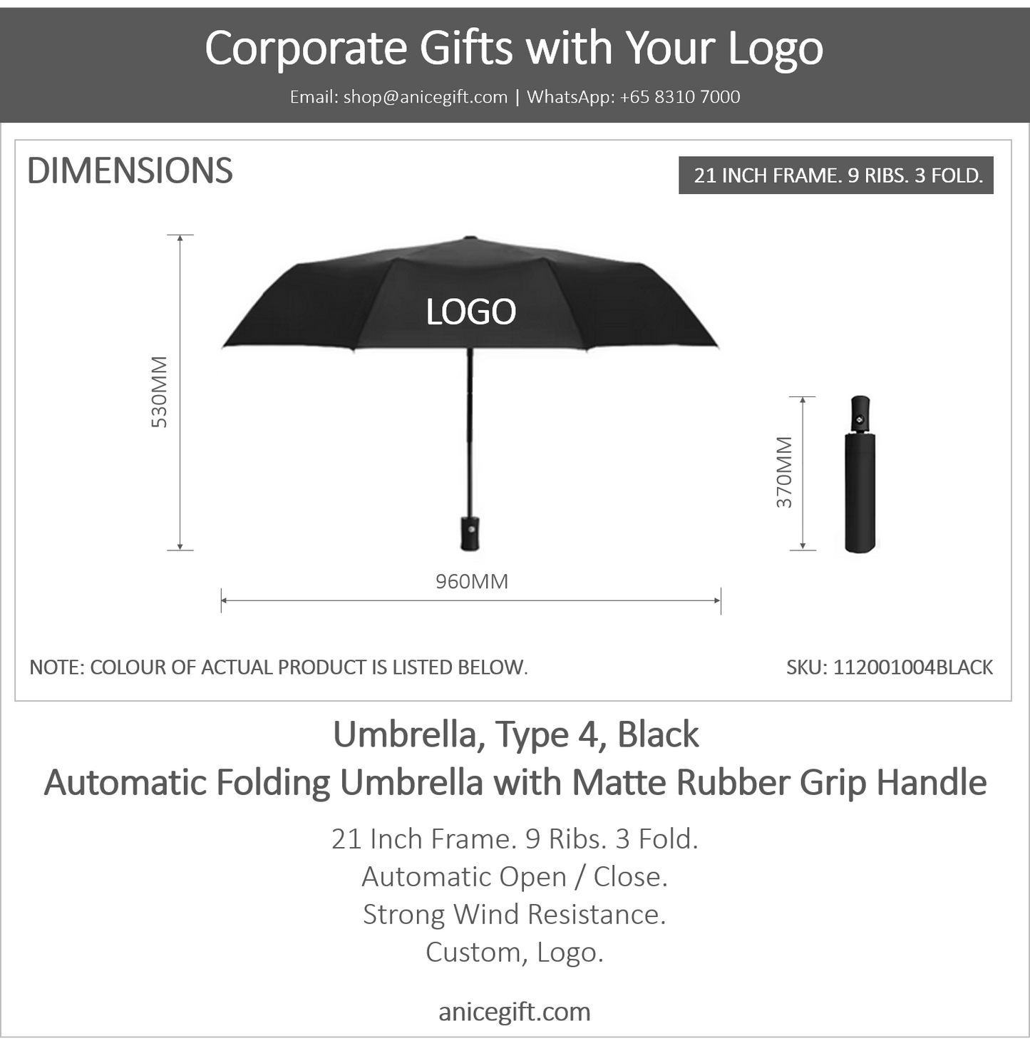 Umbrella, Type 4, Black | Automatic Folding Umbrella with Matte Rubber Grip