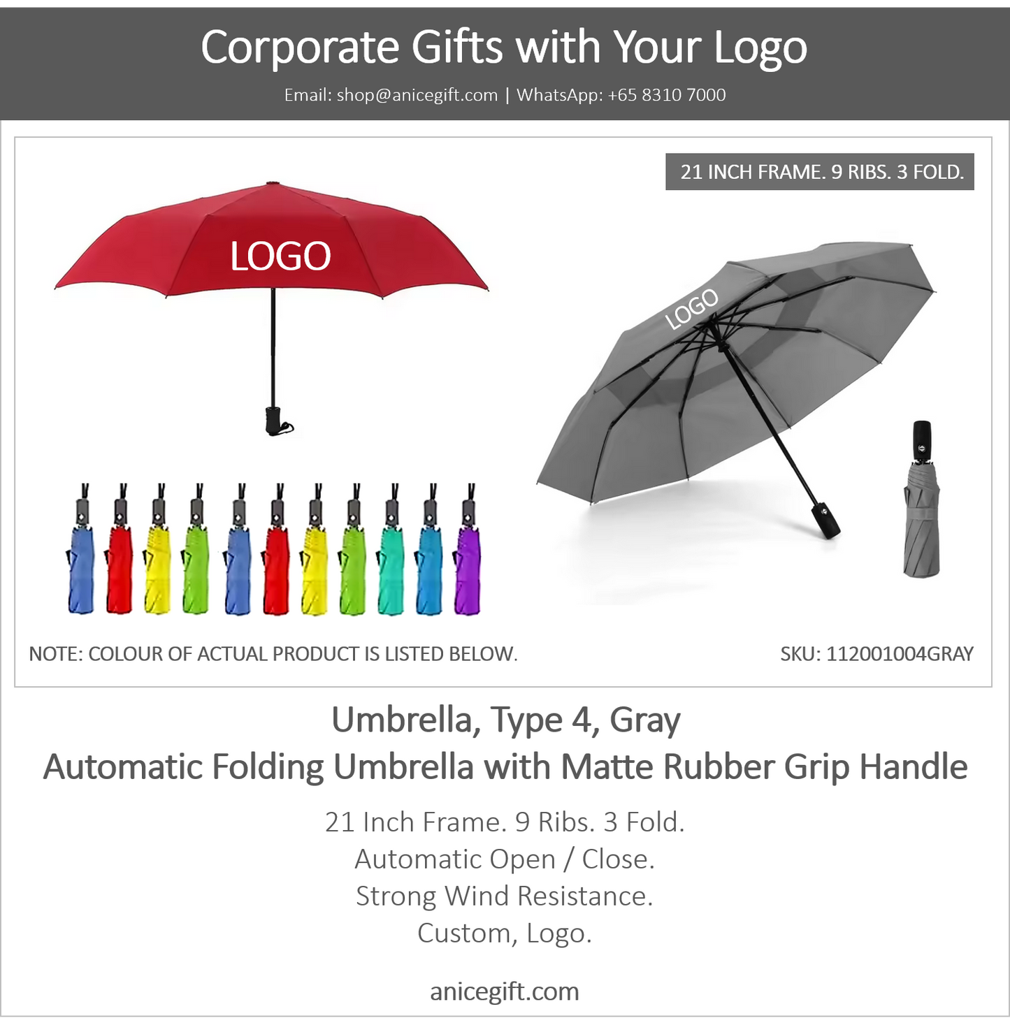 Umbrella, Type 4, Gray | Automatic Folding Umbrella with Matte Rubber Grip