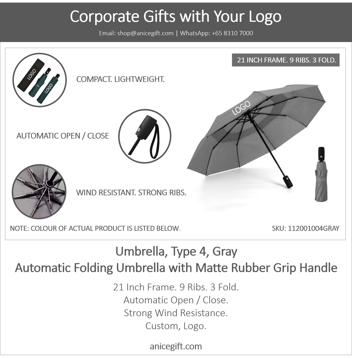 Umbrella, Type 4, Gray | Automatic Folding Umbrella with Matte Rubber Grip