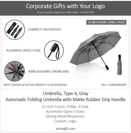 Umbrella, Type 4, Gray | Automatic Folding Umbrella with Matte Rubber Grip