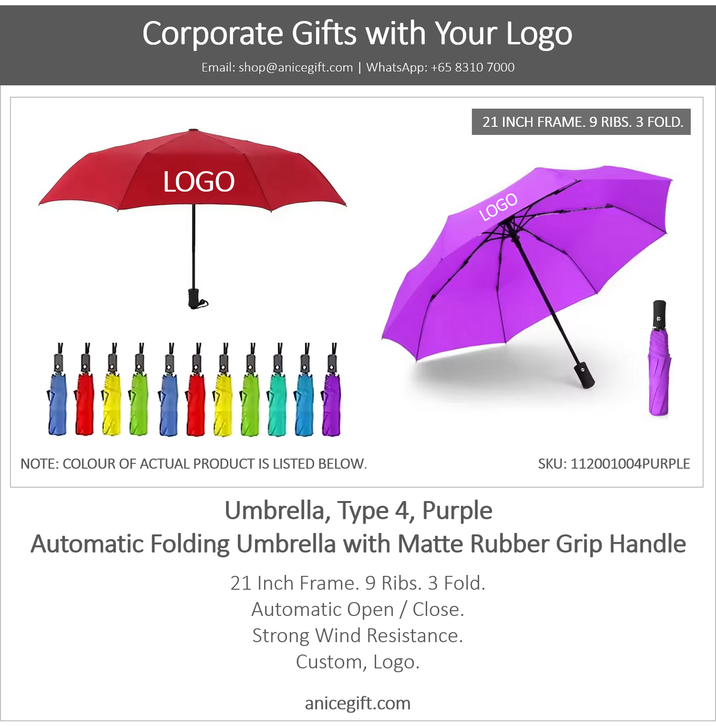 Umbrella, Type 4, Purple | Automatic Folding Umbrella with Matte Rubber Grip
