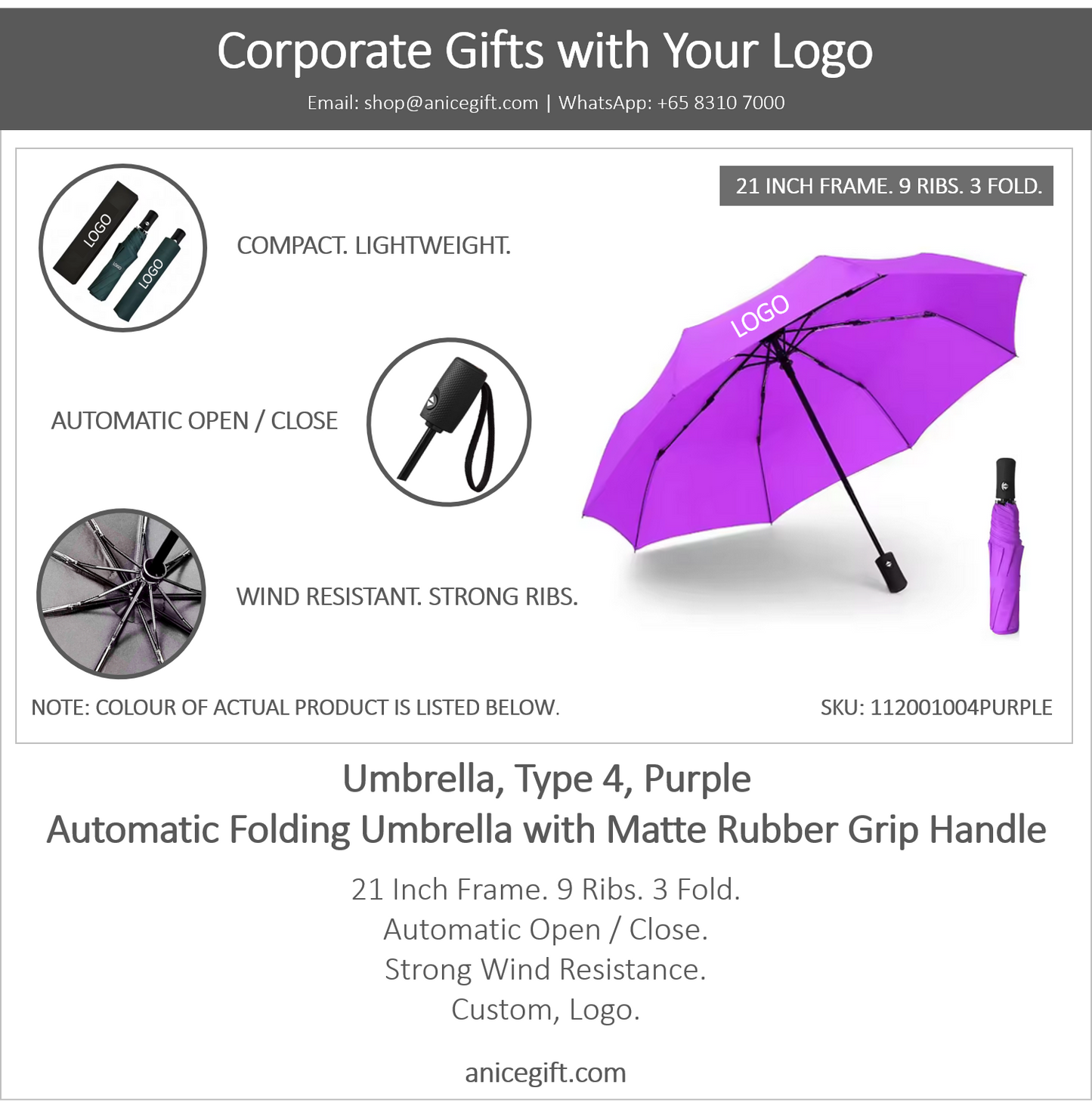 Umbrella, Type 4, Purple | Automatic Folding Umbrella with Matte Rubber Grip