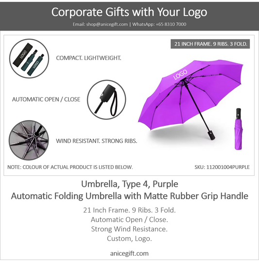 Umbrella, Type 4, Purple | Automatic Folding Umbrella with Matte Rubber Grip