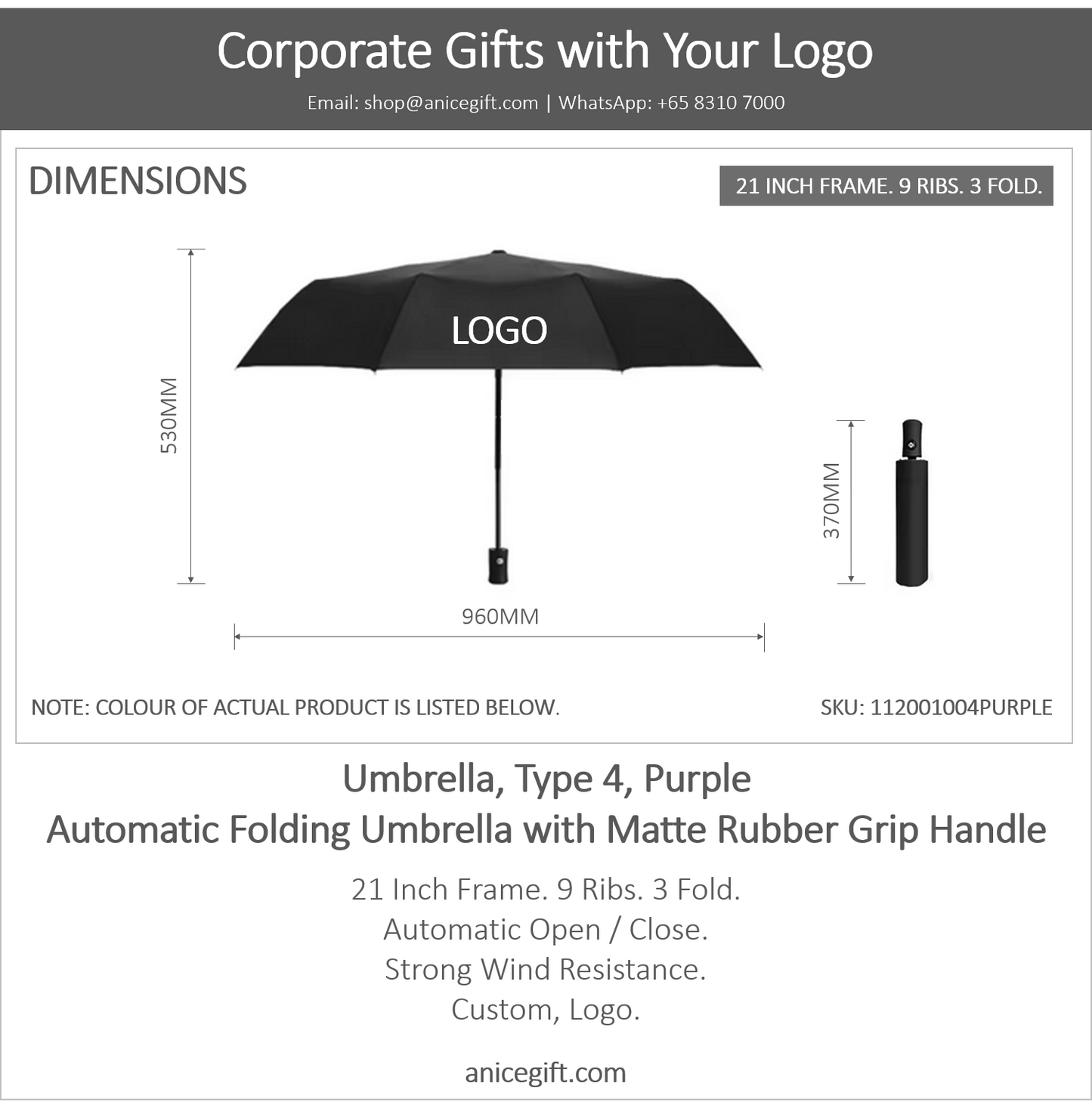 Umbrella, Type 4, Purple | Automatic Folding Umbrella with Matte Rubber Grip