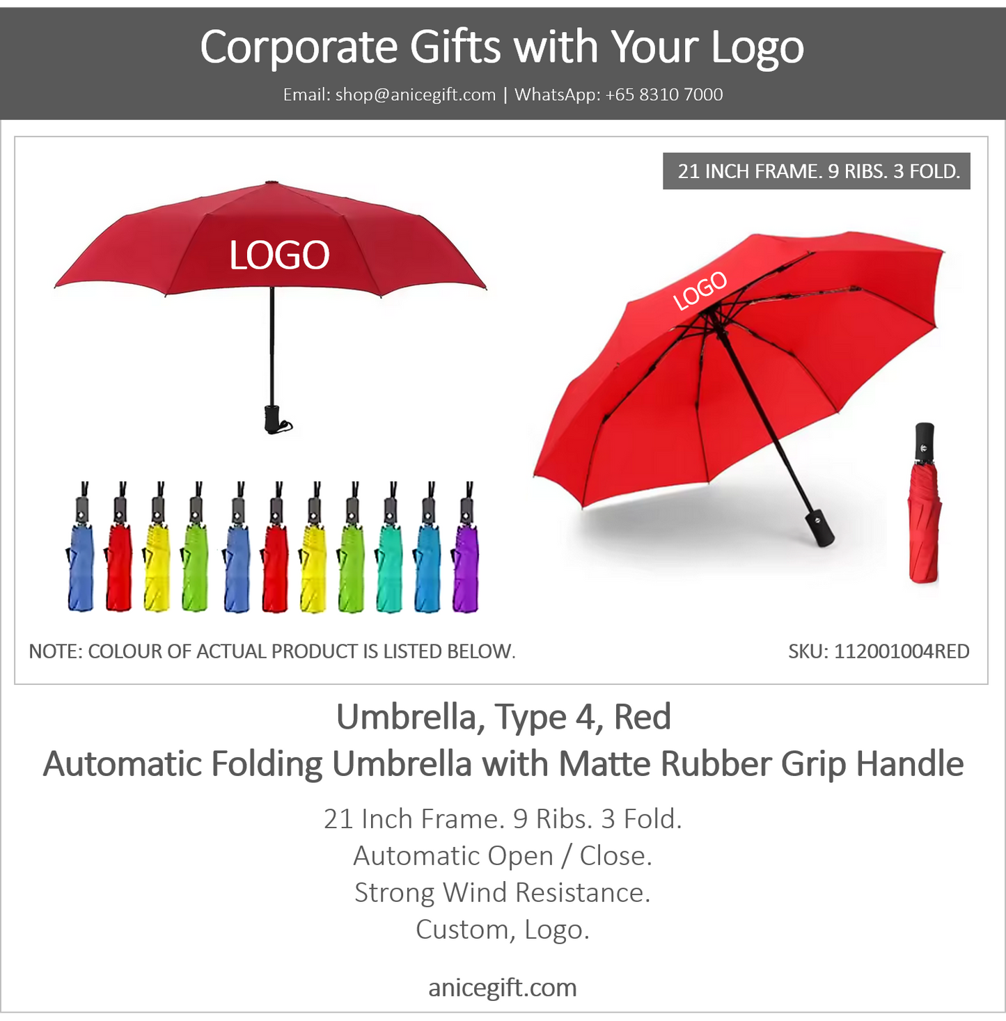 Umbrella, Type 4, Red | Automatic Folding Umbrella with Matte Rubber Grip