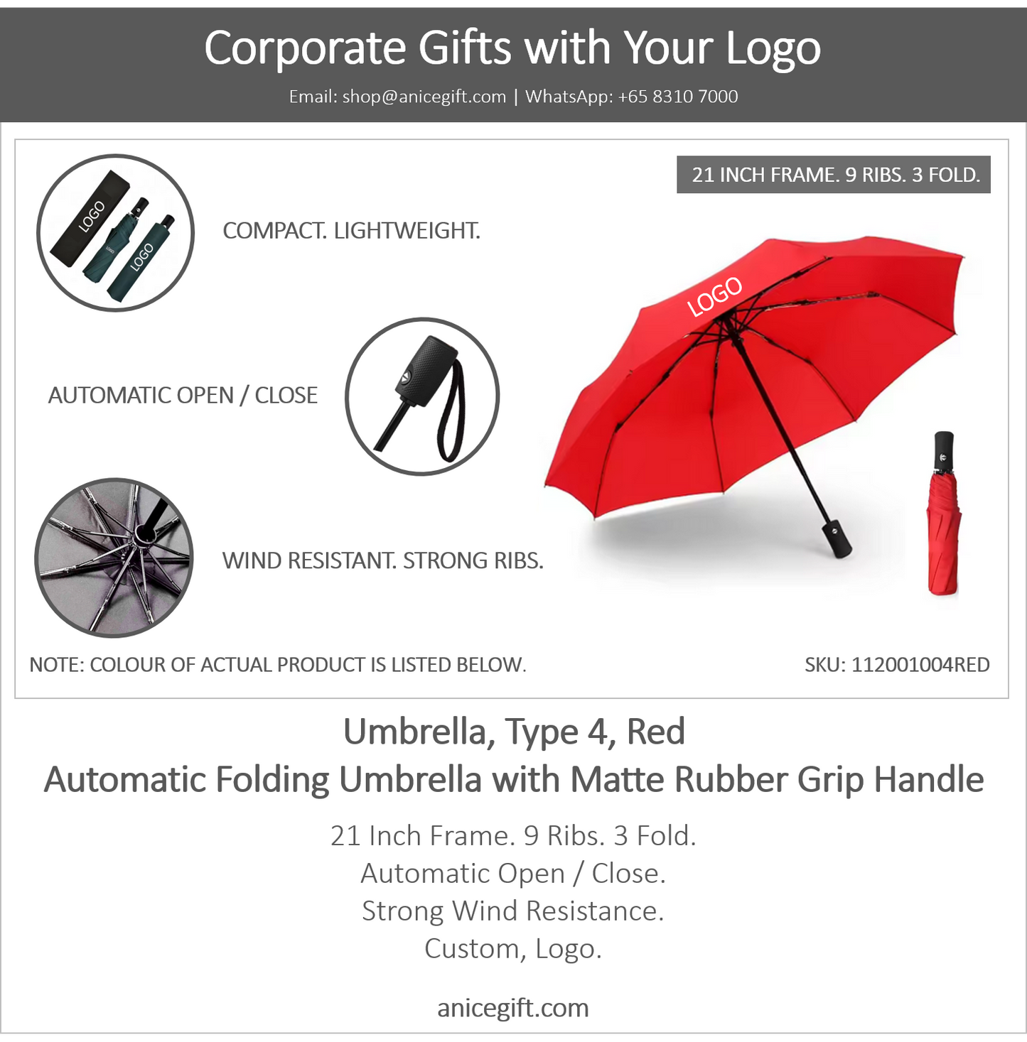 Umbrella, Type 4, Red | Automatic Folding Umbrella with Matte Rubber Grip