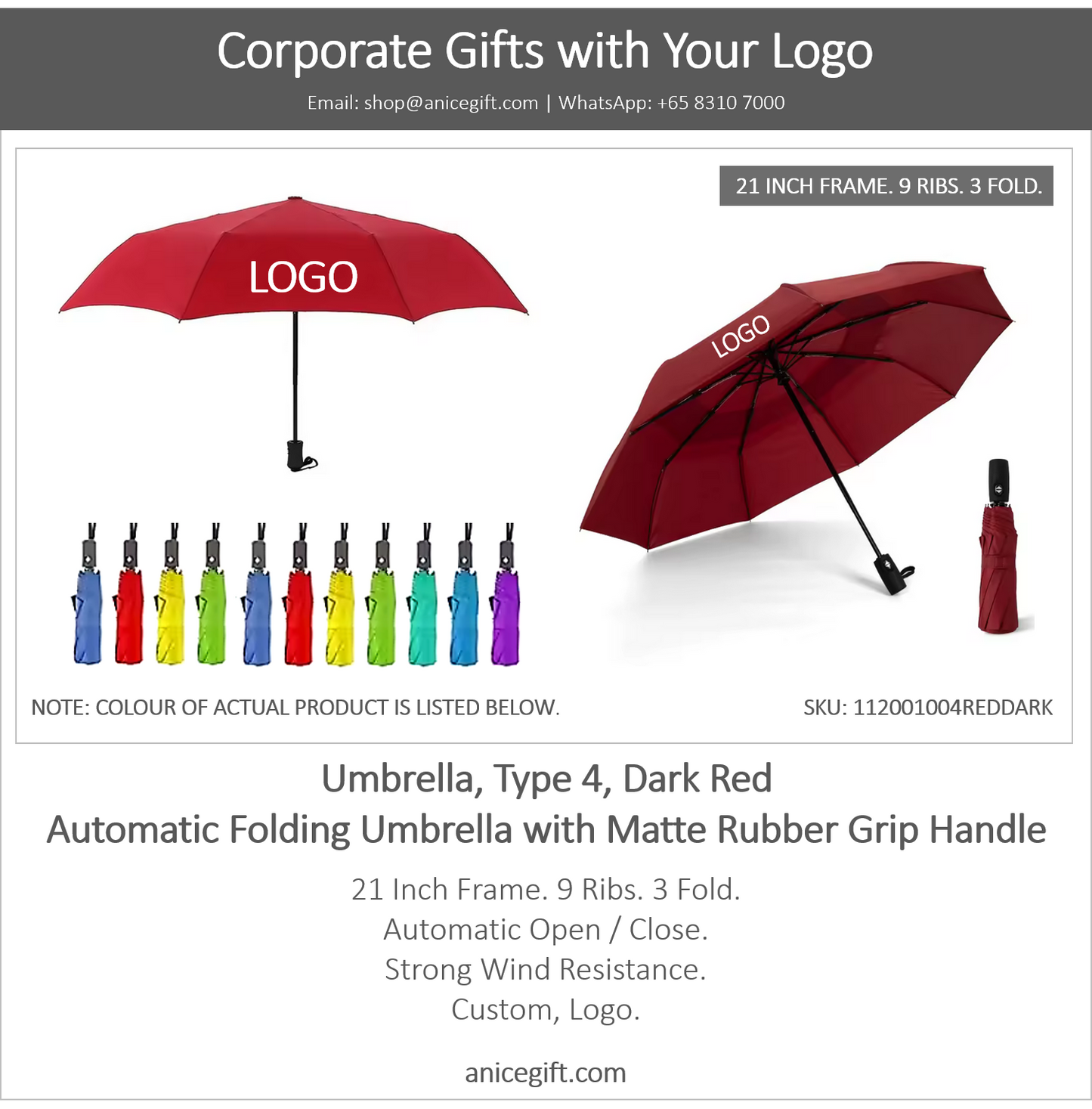 Umbrella, Type 4, Dark Red | Automatic Folding Umbrella with Matte Rubber Grip