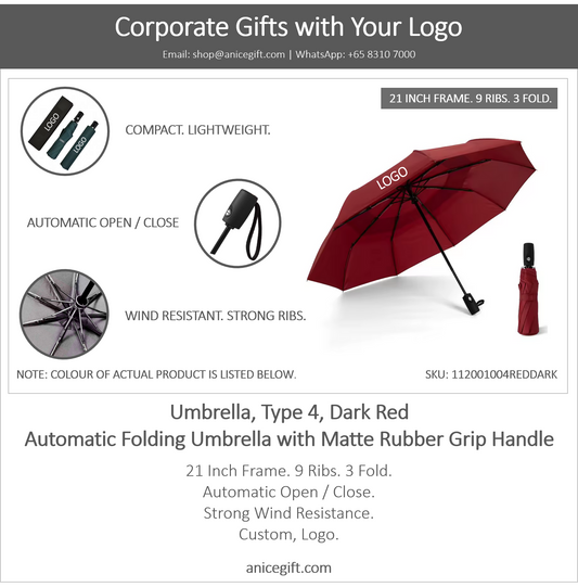 Umbrella, Type 4, Dark Red | Automatic Folding Umbrella with Matte Rubber Grip