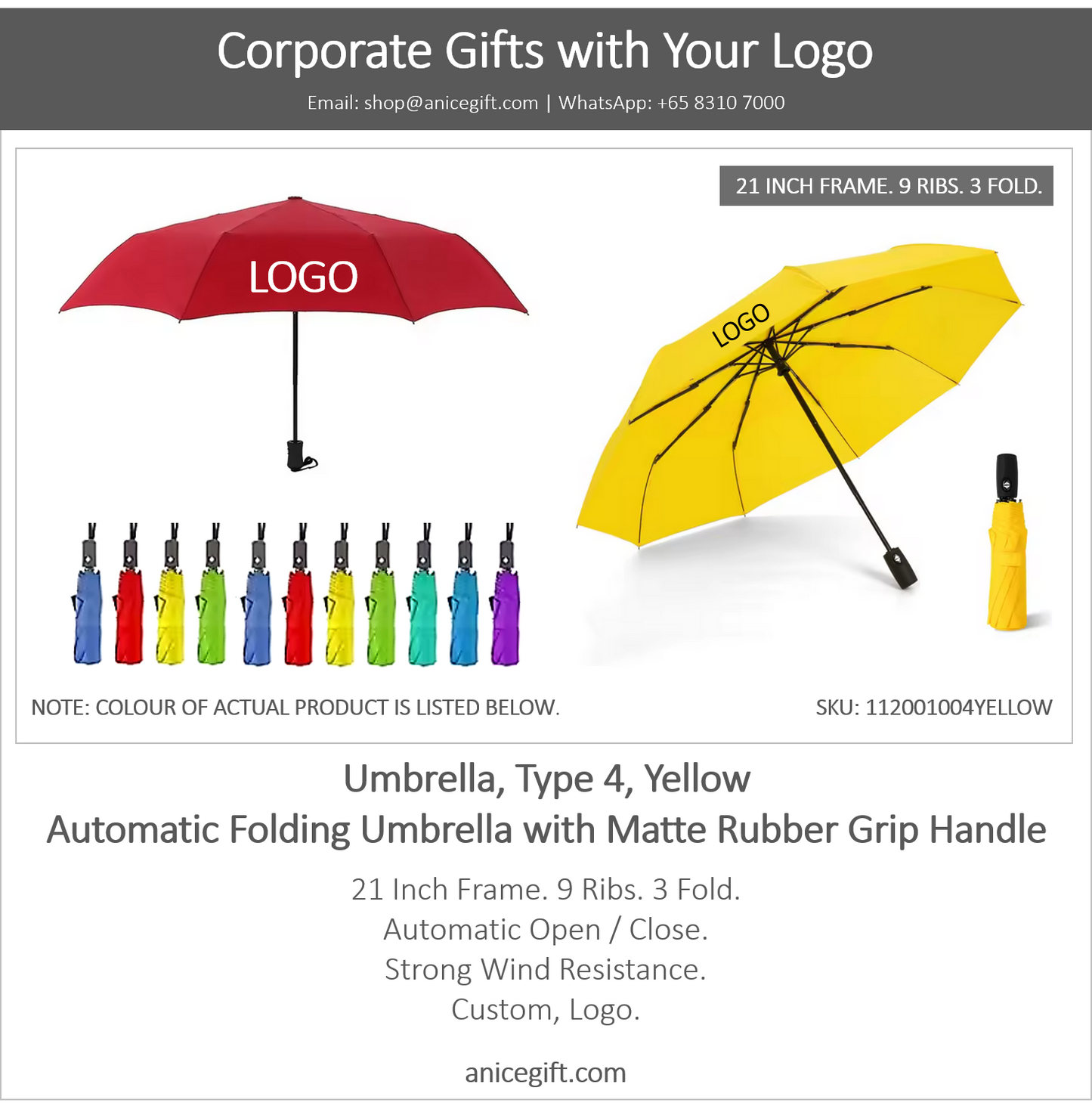 Umbrella, Type 4, Yellow | Automatic Folding Umbrella with Matte Rubber Grip